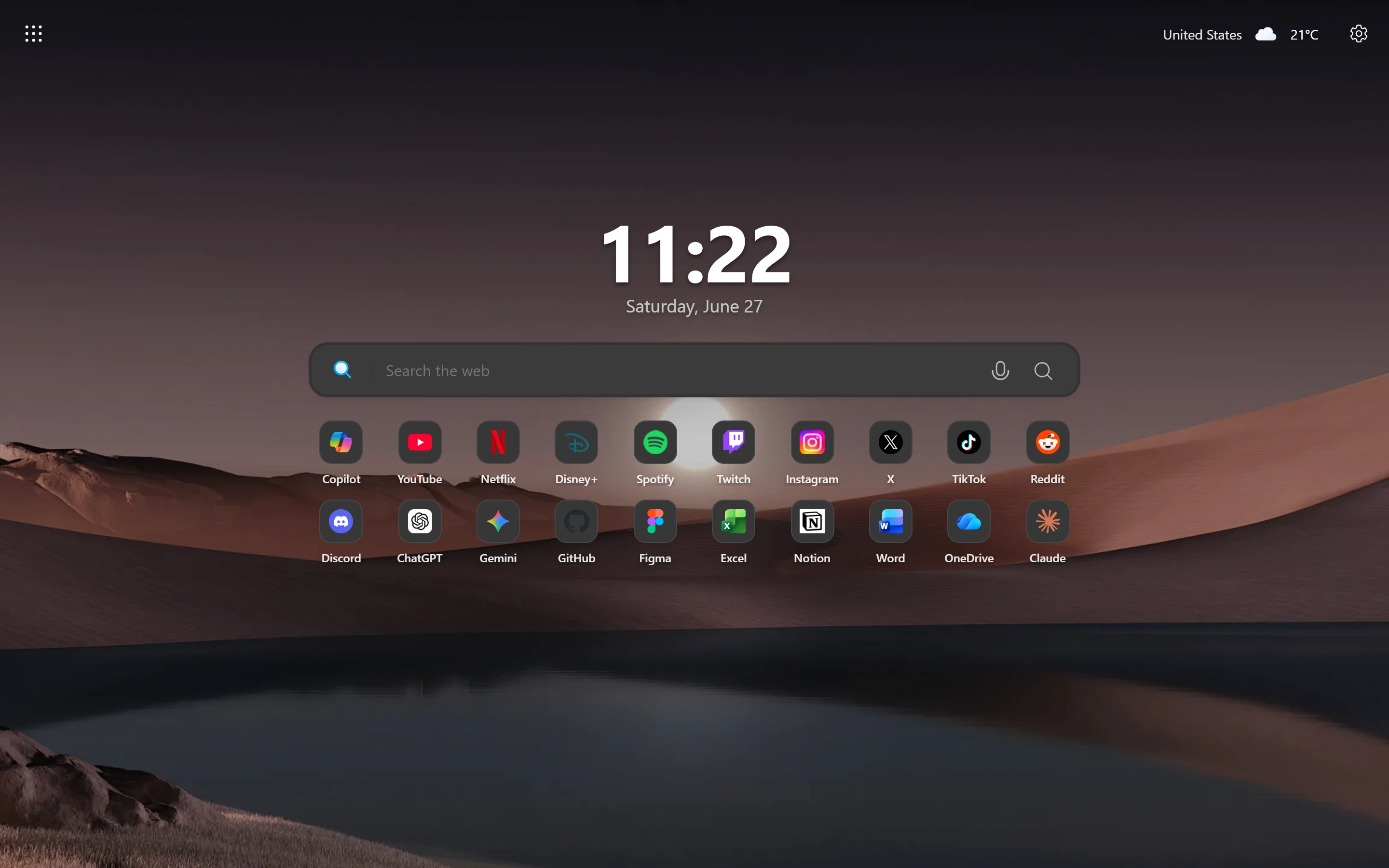 Fluent New Tab Interface Dark